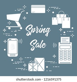 Shopping cart, payment terminal, bank card, packages, boxes, phone. Spring sale. Shopping icons.