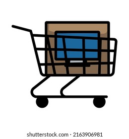 Carro de compras con icono de PC. Contorno de negrita editable con diseño de relleno de color. Ilustración vectorial.