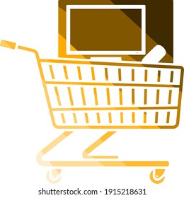 Shopping Cart With PC Icon. Flat Color Ladder Design. Vector Illustration.