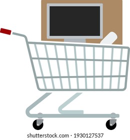 Carro de compras con icono de PC. Diseño de color plano. Ilustración vectorial.
