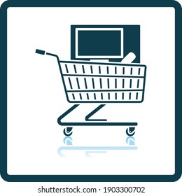 Carro de compras con icono de PC. Diseño de reflexión de sombra cuadrada. Ilustración vectorial.