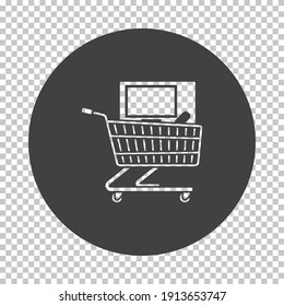 Shopping Cart With PC Icon. Subtract Stencil Design on Tranparency Grid. Vector Illustration.