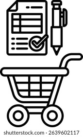 A shopping cart with a pen and a piece of paper with a check mark on it. Concept of shopping and checking items off a list