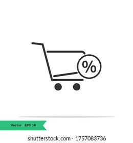Shopping Cart with Percent / Discount Icon Illustration. Shopping, Discount Sign Symbol Logo Templete. Vector Icon EPS 10