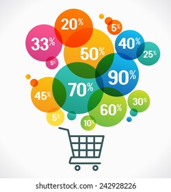 Shopping cart with percent discounts. Flat modern design.  concept of sales. The file is saved in the version AI10 EPS. This image contains transparency.