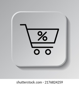 Shopping cart, percent simple icon vector. Flat design. Black icon on square button with shadow. Grey background.ai