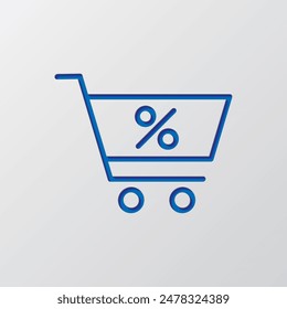 Shopping cart, percent simple icon vector. Flat design. Paper cut design. Cutted blue symbol with shadow. Gray background.ai