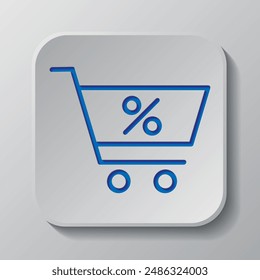 Shopping cart, percent simple icon vector. Flat design. Paper cut design. Cutted blue symbol with shadow. Gray badge button, gray background.ai