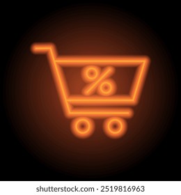 Carrinho de compras, percentual simples ícone vetor. Design plano. Néon laranja no fundo preto.ai