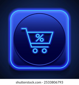 Shopping cart, percent simple icon vector. Flat design. Blue neon style on button. With shadow.ai