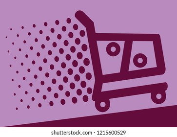 shopping cart, percent symbol, purple background 