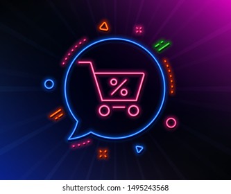 Shopping cart with Percentage line icon. Neon laser lights. Online buying sign. Supermarket basket symbol. Glow laser speech bubble. Neon lights chat bubble. Vector