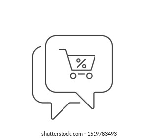 Shopping cart with Percentage line icon. Chat bubble design. Online buying sign. Supermarket basket symbol. Outline concept. Thin line special offer icon. Vector