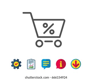 Shopping cart with Percentage line icon. Online buying sign. Supermarket basket symbol. Report, Service and Information line signs. Download, Speech bubble icons. Editable stroke. Vector