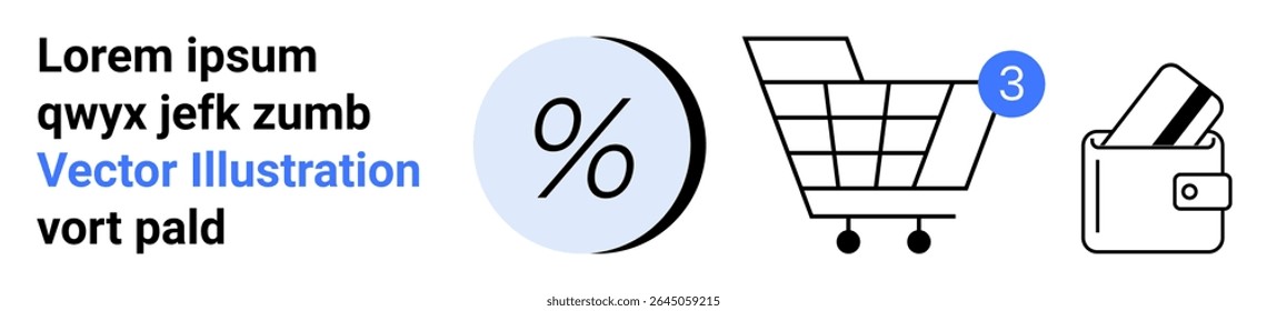 Shopping cart, percentage symbol and digital wallet with notification badge in modern minimalist style. Ideal for retail, e-commerce, sales, discounts, online shopping, payment systems, digital