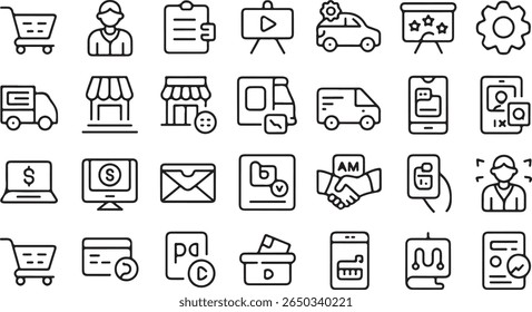 Shopping cart person clipboard presentation car gear shop delivery van phone mail handshake person icon