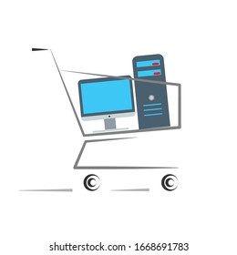 Shopping cart with a personal computer. Purchase of equipment. Vector graphics.
