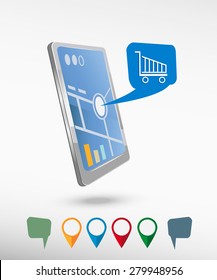 Shopping cart and perspective smartphone vector realistic. Set of bright map pointers for printing, website, presentation element and application mockup.