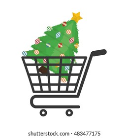 Shopping cart and pine tree icon. Merry Christmas season decoration figure theme. Isolated design. Vector illustration