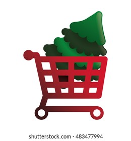 Shopping cart and pine tree icon. Merry Christmas season decoration figure theme. Isolated design. Vector illustration