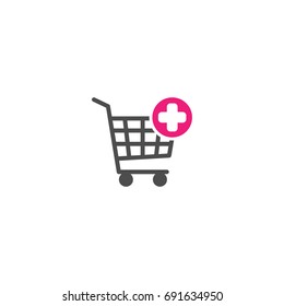 Shopping cart with pink cross sign. Add or plus purchase simple icon isolated on white background. Store trolley with wheels. Flat vector Illustration. Good for web and mobile design.