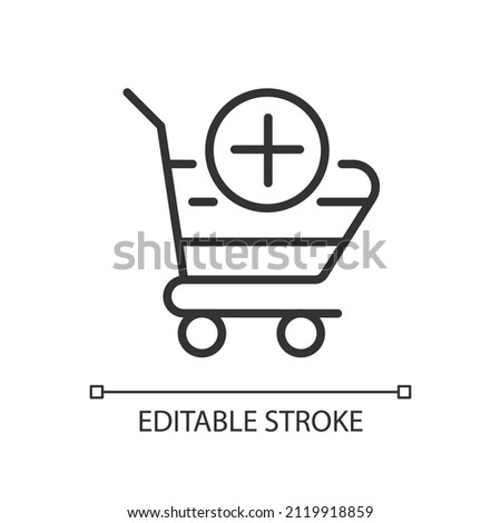 Shopping cart pixel perfect linear icon. Selected items in basket. Website interface. Online shopping. Thin line illustration. Contour symbol. Vector outline drawing. Editable stroke. Arial font used