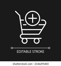 Shopping cart pixel perfect white linear icon for dark theme. Selected items in basket. Online shopping. Thin line illustration. Isolated symbol for night mode. Editable stroke. Arial font used