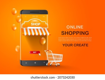 The shopping cart is placed in front of the smartphone shop.and there were orange balloons floating around.and with the cursor pointing to the buy icon,vector 3d for online shopping advertising design