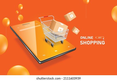 A shopping cart is placed on an orange smartphone. and the parcel box that floated out and around there are balloons floating,vector 3d for delivery and online shopping concept design