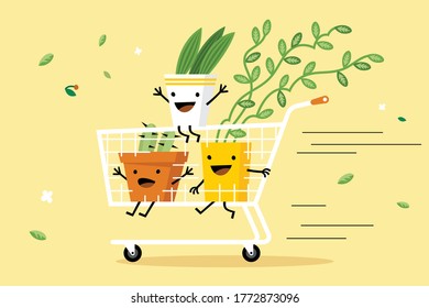 Carro de compras con ilustraciones vectoriales de plantas. Plantas postizas con rostros de emoticonos en un diseño de estilo planicie troleado. Mejor oferta. Concepto de venta y descuento