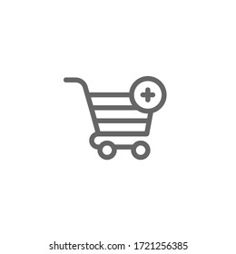 Shopping cart with plus cross sign. Add or plus purchase simple icon isolated on white background. Store trolley with wheels. Flat vector Illustration. Good for web and mobile design.