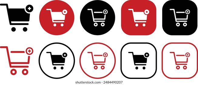Shopping cart plus icon set. Solid and outline icons vector collection.