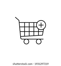 Shopping Cart With plus Sign in flat black line style, isolated on white background 