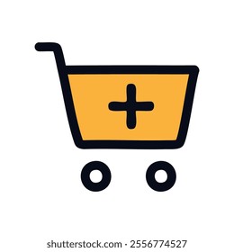 Shopping cart with plus sign. Vector illustration, flat design.