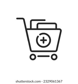 Shopping Cart with Plus Symbol Icon. Vector Linear Editable Button of Add to Basket Action, Addition of More Items to Shopping Cart, Increased Quantity, and Expanded Purchasing.