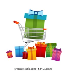 Shopping Cart With Present Box Big Sale Banner Vector Illustration