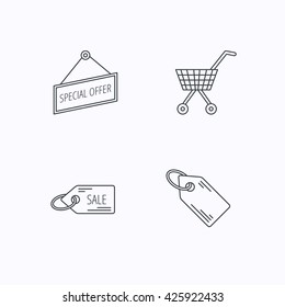 Shopping cart, price tag and sale coupon icons. Special offer label linear sign. Flat linear icons on white background. Vector