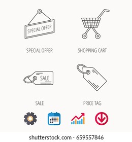 Shopping cart, price tag and sale coupon icons. Special offer label linear sign. Calendar, Graph chart and Cogwheel signs. Download colored web icon. Vector