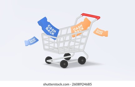 Shopping cart product and coupon cash back floating on pastel background. Shop online service advertising marketing fashion discount for special customer concept. banner. 3d vector illustration