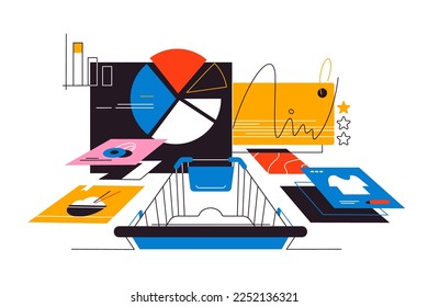 Shopping cart products and data analysis vector illustration. Retail market research concept.