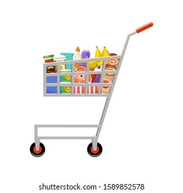 Shopping cart with products. Supermarket. Vector illustration