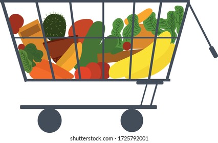 Shopping cart with products vector flat illustration