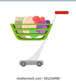 Shopping cart with products vector in flat style design. Supermarket equipment for goods transportation. Illustration for grocery store, retail companies advertising, icon for shopping services. 