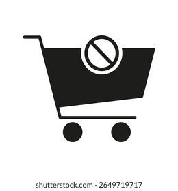 Shopping Cart With Prohibition Symbol Solid Icon. No Online Shopping Or Purchasing Restriction Silhouette Symbol. E-Commerce Limitation And Sales Restriction. Isolated Vector Illustration.