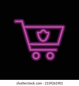 Shopping cart, protection simple icon vector. Flat design. Purple neon style on black background.ai