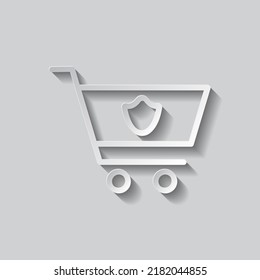 Shopping cart, protection simple icon vector. Flat design. Paper style with shadow. Gray background.ai