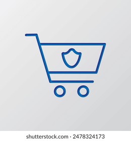 Shopping cart, protection simple icon vector. Flat design. Paper cut design. Cutted blue symbol with shadow. Gray background.ai