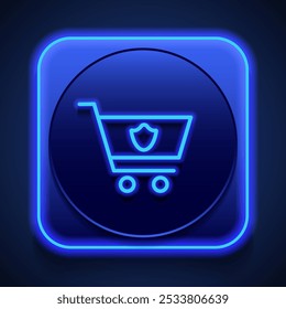 Carrinho de compras, proteção simples ícone vetor. Design plano. Estilo de néon azul no botão. Com shadow.ai