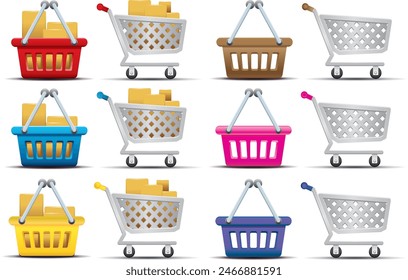 shopping cart purchase and bucket. empty and full shopping bucket or basket and cart trolley supermarket with various color