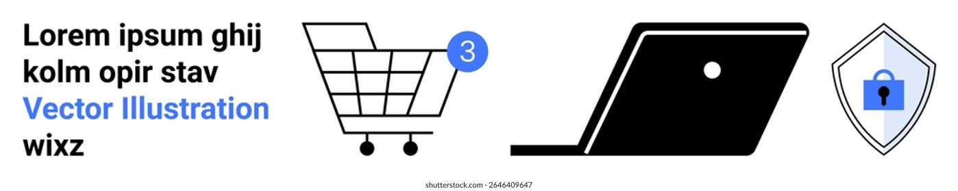 Shopping cart with purchase notification, laptop, security shield with padlock. Ideal for e-commerce, online shopping, security, technology, digital transactions, internet safety, web stores. Landing